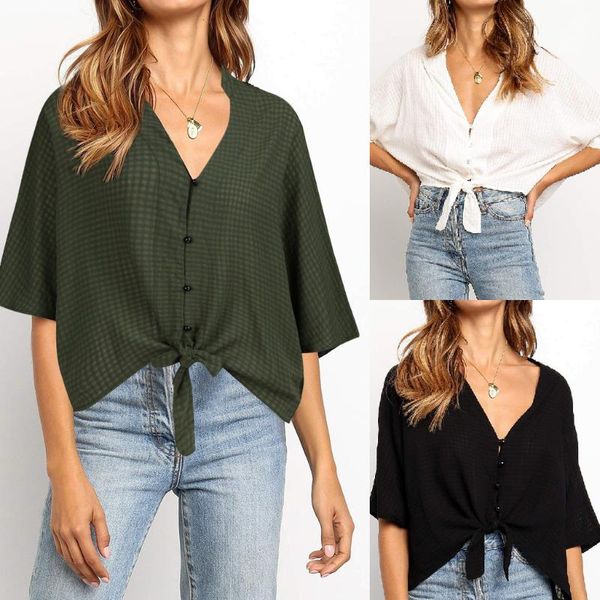 

home&nest fashion womens casual plaid knot printing button half sleeve v-neck t-shirt women's t-shirts summer new, White