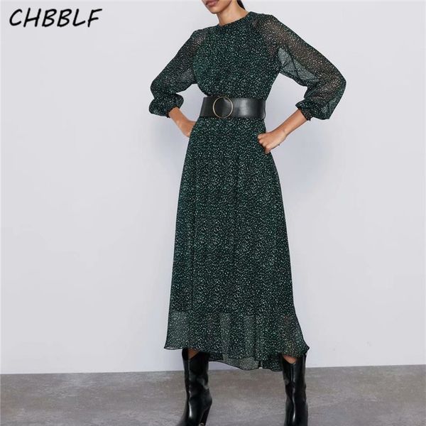 

chbblf women stylish dot print midi dress round collar lantern sleeve sashes female retro elegant green loose vestido xdn9167, Black;gray