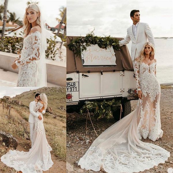 

2020 elegant a line wedding dress v-neck long sleeves bridal dress full appliqued lace sweep train beach vestidos de novia sale, White