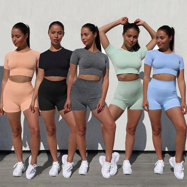 

seamless gym set workout clothes women short sleeve crop fitness shorts sports wear gym clothing 2pcs yoga sport suit#g2, White;red