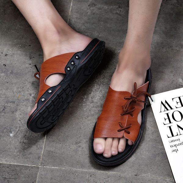 

genuine leather men slippers beach shoes men outdoor breathable slippers sandals summer flat heels male slides shoes 38-45, Blue;gray