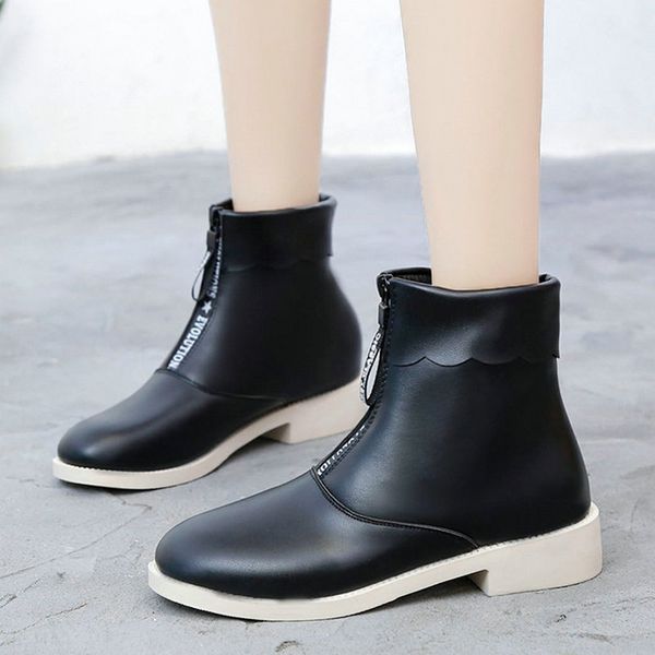 

size 35-50 nice ankle rain boots women autumn waterproof zipper front shoes woman low heels female concise black boot