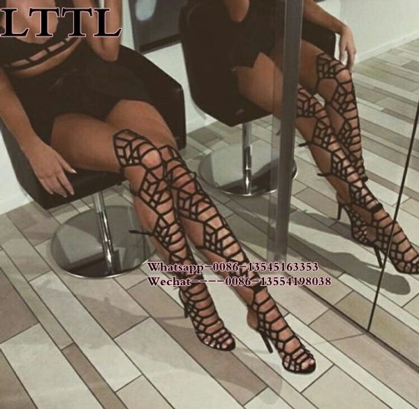 

black leather gladiator sandal boots women high heel knee high booties cut out buckle strap sandals summer thigh boots