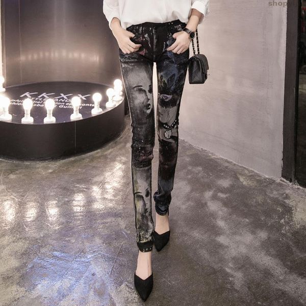 

women street style long skinny pants with painted ladies jeans leggings eastic pencil tight vintage skinny jeans black jean, Blue