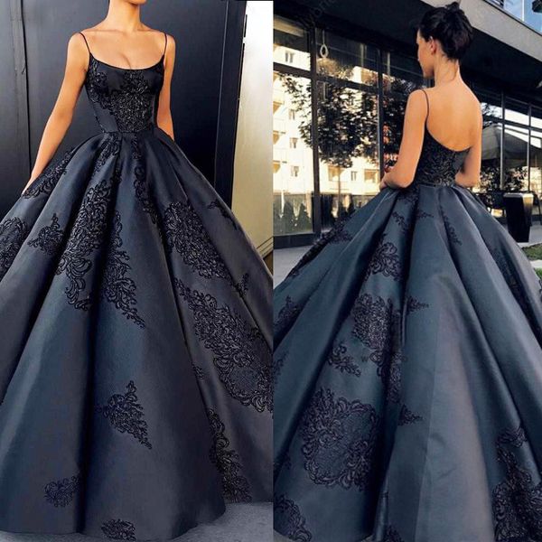 Elegance Gotik Gelinlik Modelleri Donanma Balo Spagetti Aplikler Kızlar Pageant elbise Saten Kat Uzunluk Kadınlar Örgün Elbise
