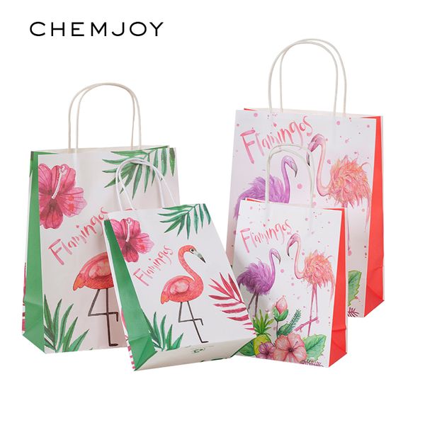 

12pcs flamingo paper gift bags with handles shopping bags wedding birthday hawaiian aloha party gifts favors packaging