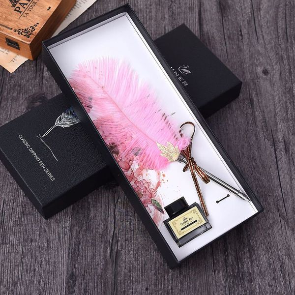 

1set vintage handmade ostrich feather quill dip fountain pen with ink set english calligraphy writing stationery wedding gift