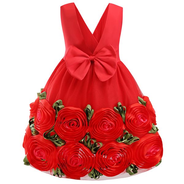 

2020 new beautiful little girl summer dress children's suspenders mesh yarn rose western bow corsage elegant princess dress, Red;yellow