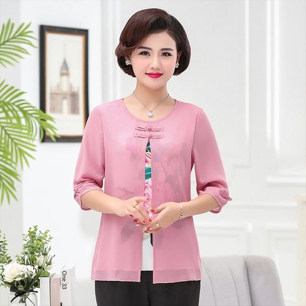 

middle-aged shirt women's and women's wear summer chiffon shirt fake two-piece middle-aged and elderly 40-50 short-sleeved t-shirt, White