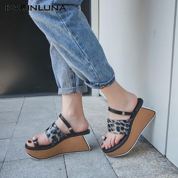 

karin new trendy wedges high heels platform leopard flip flops genuine leather summer woman shoes sandals, Black