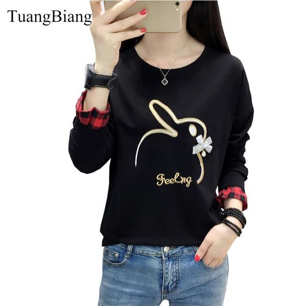 

tuangbiang 2019 autumn embroidery rabbit t shirts woman long sleeve beading loose female plus size winter camiseta mujer, White