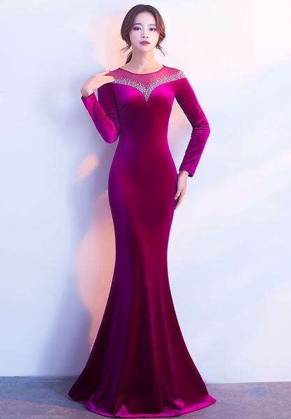 

custom made fishtail long elegant blue velvet evening dresses fishtail neck long sleeved halter party dresses, Black;red