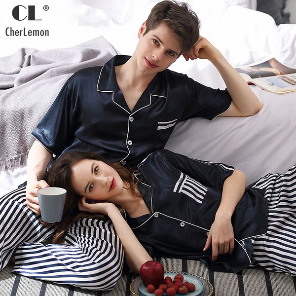 Cherlemon Pajamas Женщины и Мужские Летние Сатиновые Пижамы Сексуальная Полосатая Ночная одежда Пара Классический поворотный Воротник Военно-морской Феамский Набор