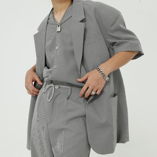 

men's suits & blazers men casual short sleeve plaid jacket male korea japan style streetwear hip hop vintage fashion suit coat, White;black