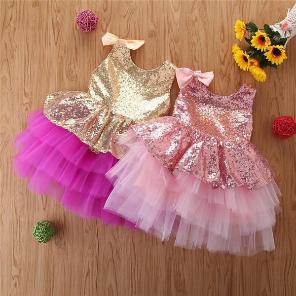 

2020 princess girls dress big bow back sleeveless bling sequined toddler children girl dresses party wedding dress kids clothing, Red;yellow