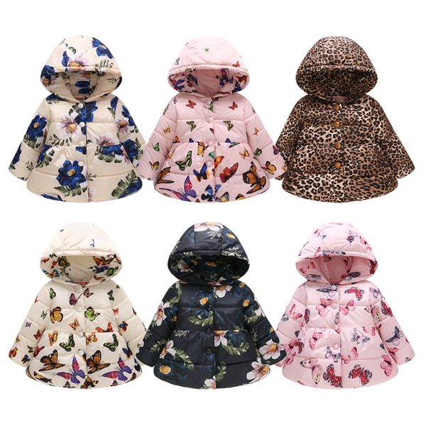 2019 inverno meninas com capuz borboleta borboleta leopard estrela moda térmica outerwear infantil botões cute jaqueta de algodão m069