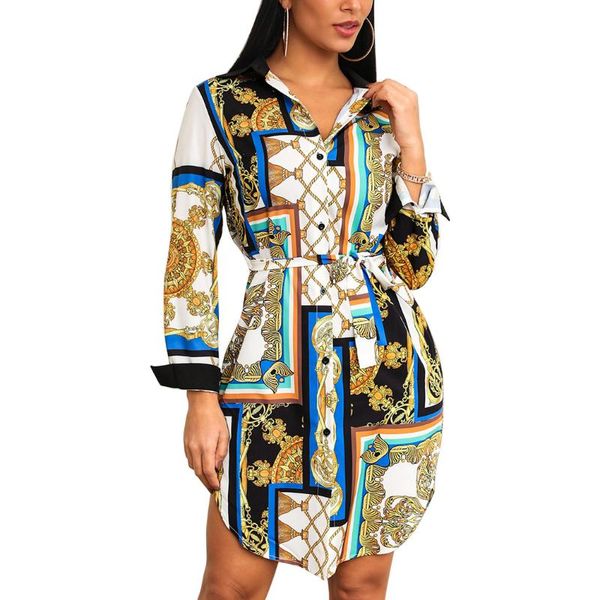 

vintage print long blouse women fashion lapel button lace up blouse office ladies shirt long sleeve blusa streetwear, White