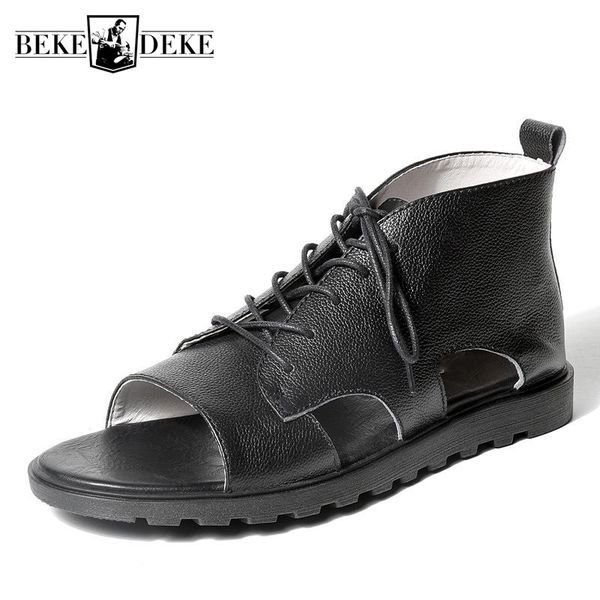 

2019 summer high-sandals men luxury 100% real leather leisure shoes breathable beach platform sandalias gladiator sandals, Black