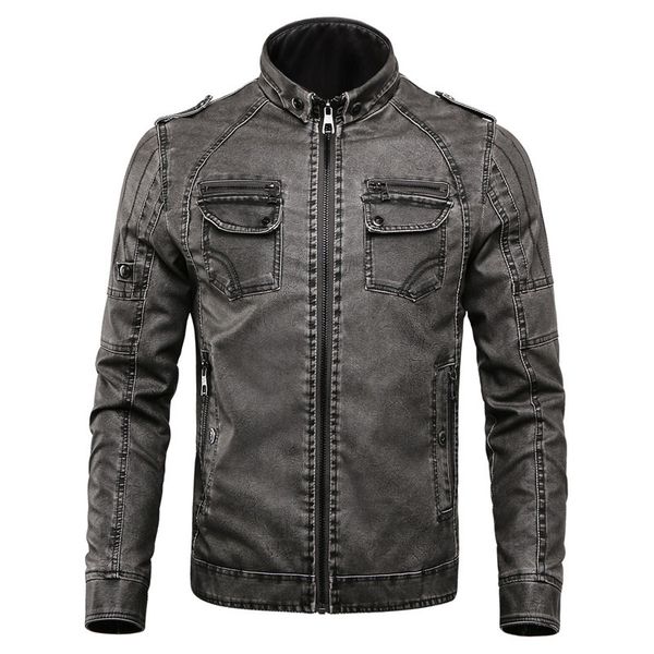 

men faux jackets winter men's solid color leather jacket coats male motorcycle leather jackets overcoat, Black