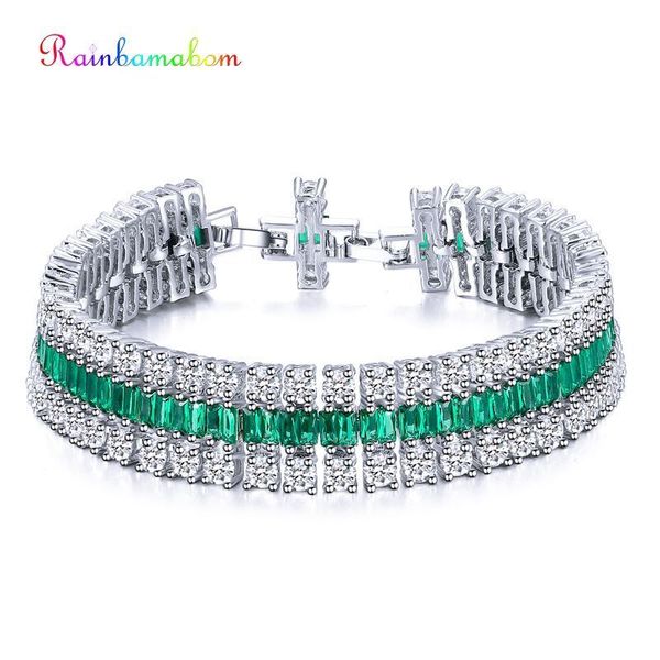 

rainbamabom 925 solid sterling silver created moissanite emerald gemstone bangle charm diamonds bracelets fine jewelry wholesale, Black
