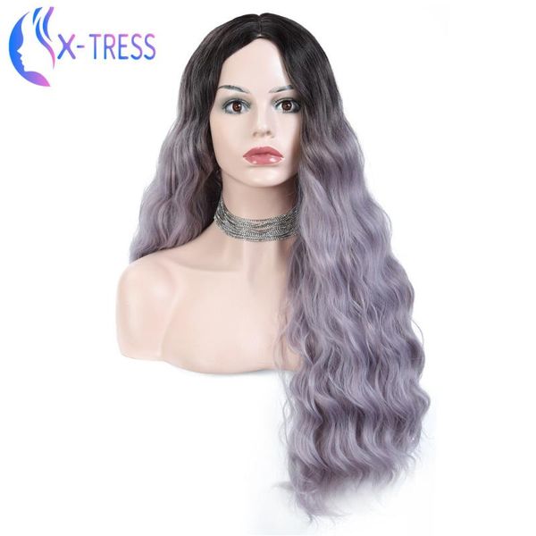 

x-tress fashion synthetic light grey gentle wig long water wave heat resistant hair for white black women daily party cosplay