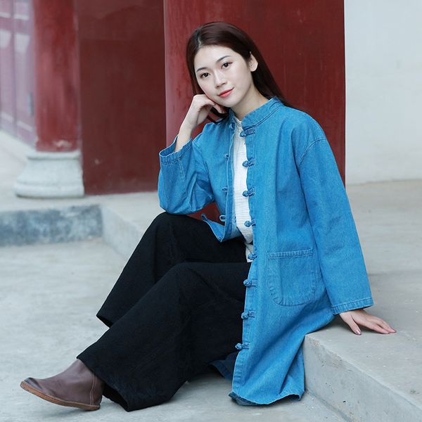 

lzjn new women spring autumn denim long jackets vintage chinese stand buttons pockets long sleeve coats windbreaker, Tan;black