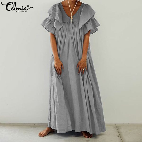 

плюс размер женщины старинные длинные рубашки платье 2019 celmia повседневная v-образным вырезом рябить рукав партии макси платье плиссирова, Black;gray