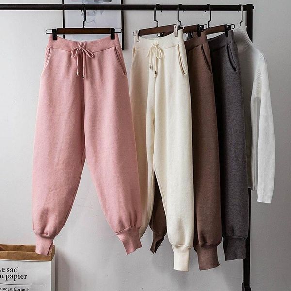 

casual elastic waist trousers thick knitted women harem pants autumn winter casual sweater radish pants, Black;white