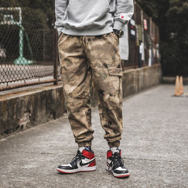 

spring fashion men cargo pants loose elastic waist male easy wash camouflage cargo trousers drawstring cotton casual pants m-5xl, Black
