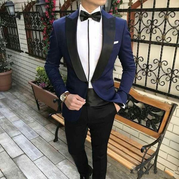 Smoking classico da sposo blu navy con un bottone a un bottone, risvolto a punta, abiti da uomo 2 pezzi, giacca da matrimonio/ballo/cena (giacca + pantaloni + cravatta) W899