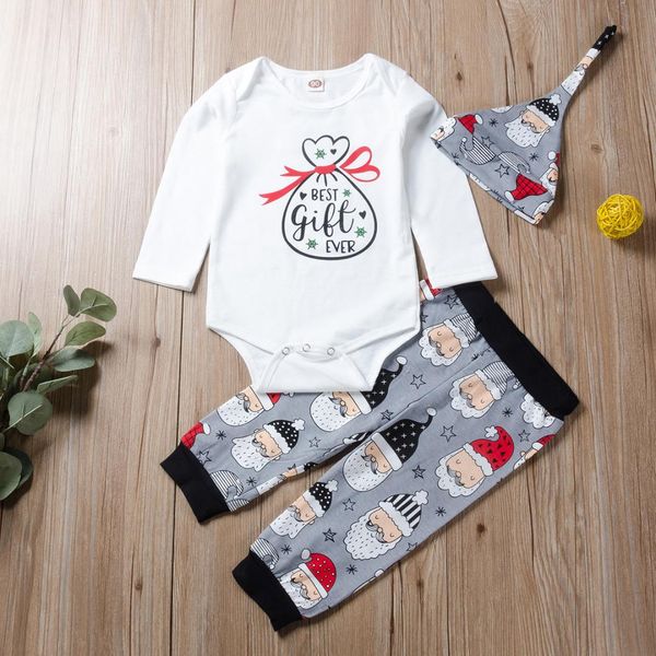 

christmas newborn baby boys long sleeve letter print outfits bodysuits patch pants infant clothing kids clothes hat 3pcs, White