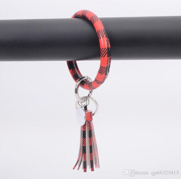 

buffalo red black plaid pu leather tassel bracelet keychain