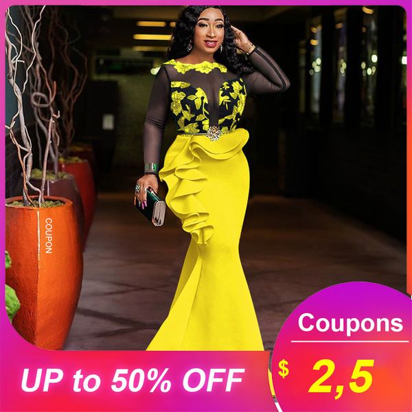 

yellow women mermaid dress african 2019 party club long maxi dress robe elegant dinner femme vestiods ruffles dress, Black;gray