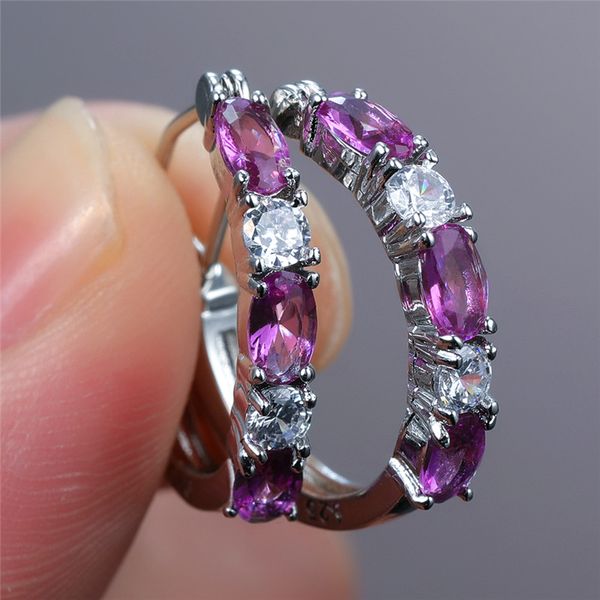 

minimalist female purple oval crystal earrings charm round hoop earrings for women rainbow zircon stone wedding, Golden;silver