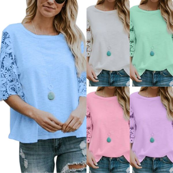 

Womens Lace 3/4 Sleeve Plain T-shirts Ladies Summer Casual Loose Tee Blouse Tops
