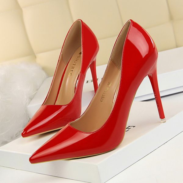 

fashion simple stiletto super high-heeled patent leather shallow mouth pointed nightclub women shoes wedding shoes high heels, Black