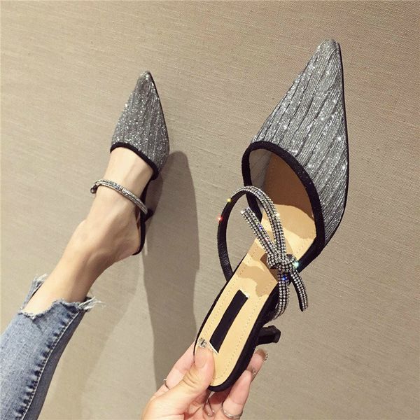 

2020 summer women black silver low heels slides mules closed toe bling crystal slippers glitter rhinestone slides house shoes