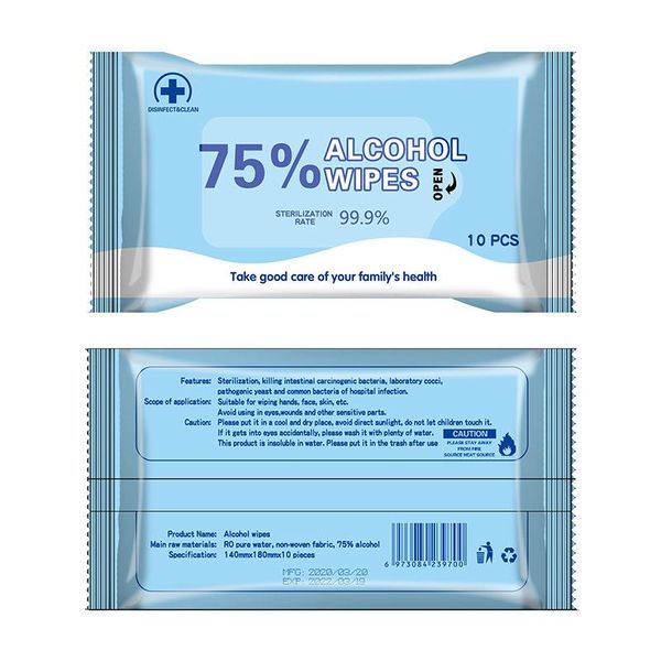 

2020 in stock 75% alcohol wipes 10pcs/pack portable sterilized wet paper towels factory direct sales clean and wash sterilized wipes