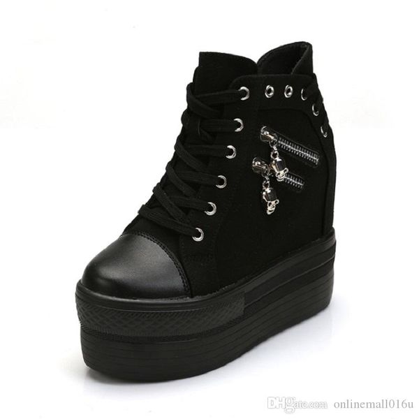 

wedges canvas shoes woman platform high shoes hidden heel height increasing casual shoes female white black blue, Black;white