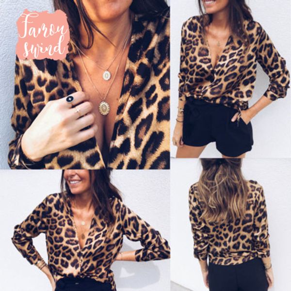 

womens leopard blouse holiday long sleeve autumn deep v neck print new beach ladies blouse shirts s xl, White
