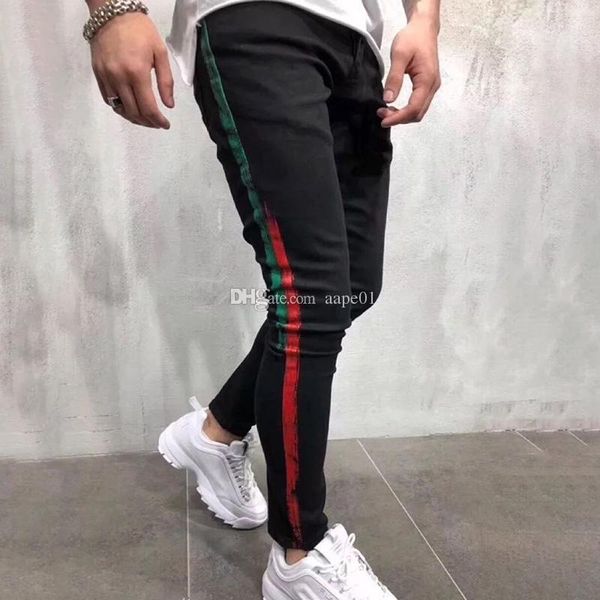 

brand new mens jeans mens designer skinny ripped yellow red stripes pants mens stretch slim biker jeans