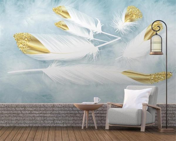 

behang simple small fresh golden watercolor feather tv background wall p wallpaper living room room landscape 3d wallpaper