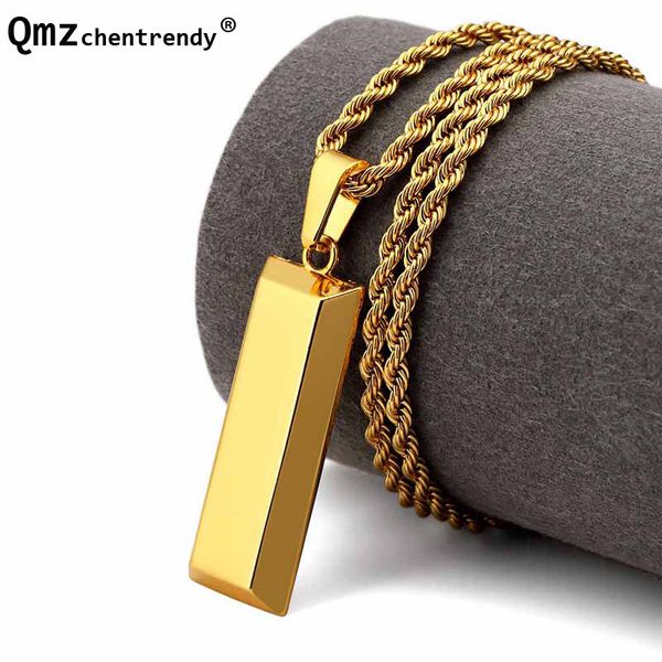 

hip hop mens gold smooth bullion golden bar pendant necklace male hip hop punk square jewelry, Silver