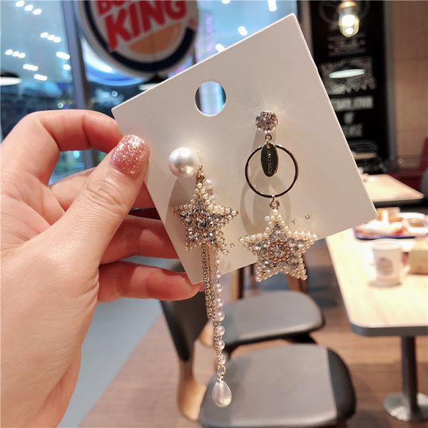 

korea style jewelry silver needle rhinestone hollow star tassel long drop earrings for fashion girl women accessories wholesale