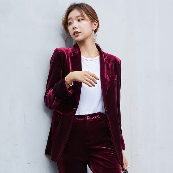 

wine red gray royal blue women's gold velvet pants suits soft warm fabric trouser jacket blazer and pant office ladies work wear, White;black