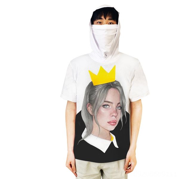 

2020billie eilish sunscreen mask t- digital with hat t-shirt short-sleeved 3d digital color printing with hat scarf shirt, White