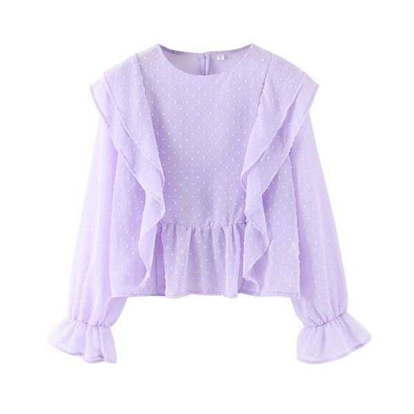 

stylish violet ruffled dot chiffon blouses women's vintage o neck long sleeve female shirts blusas chic blouse female 2020, White
