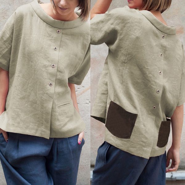 

vintage women cotton linen blouse 2019 summer short sleeve casual splice pockets loose shirts buttons blusa plus size top, White