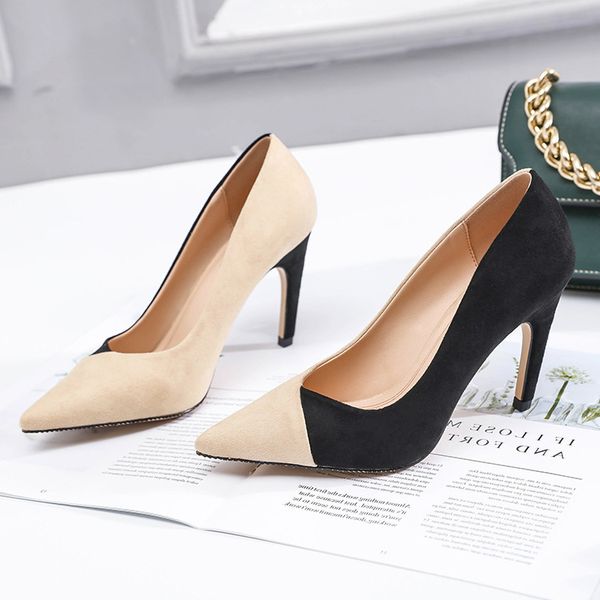 

new women pumps shoes fashion 9cm thin high heels pointed toe slip-on shallow breathable mixed color lady casual female shoes, Black