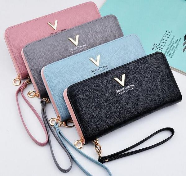 

designer new package lovely lady candy color women wallet grace litchi grain leather purse fashion large capacity with long wallet, Red;black